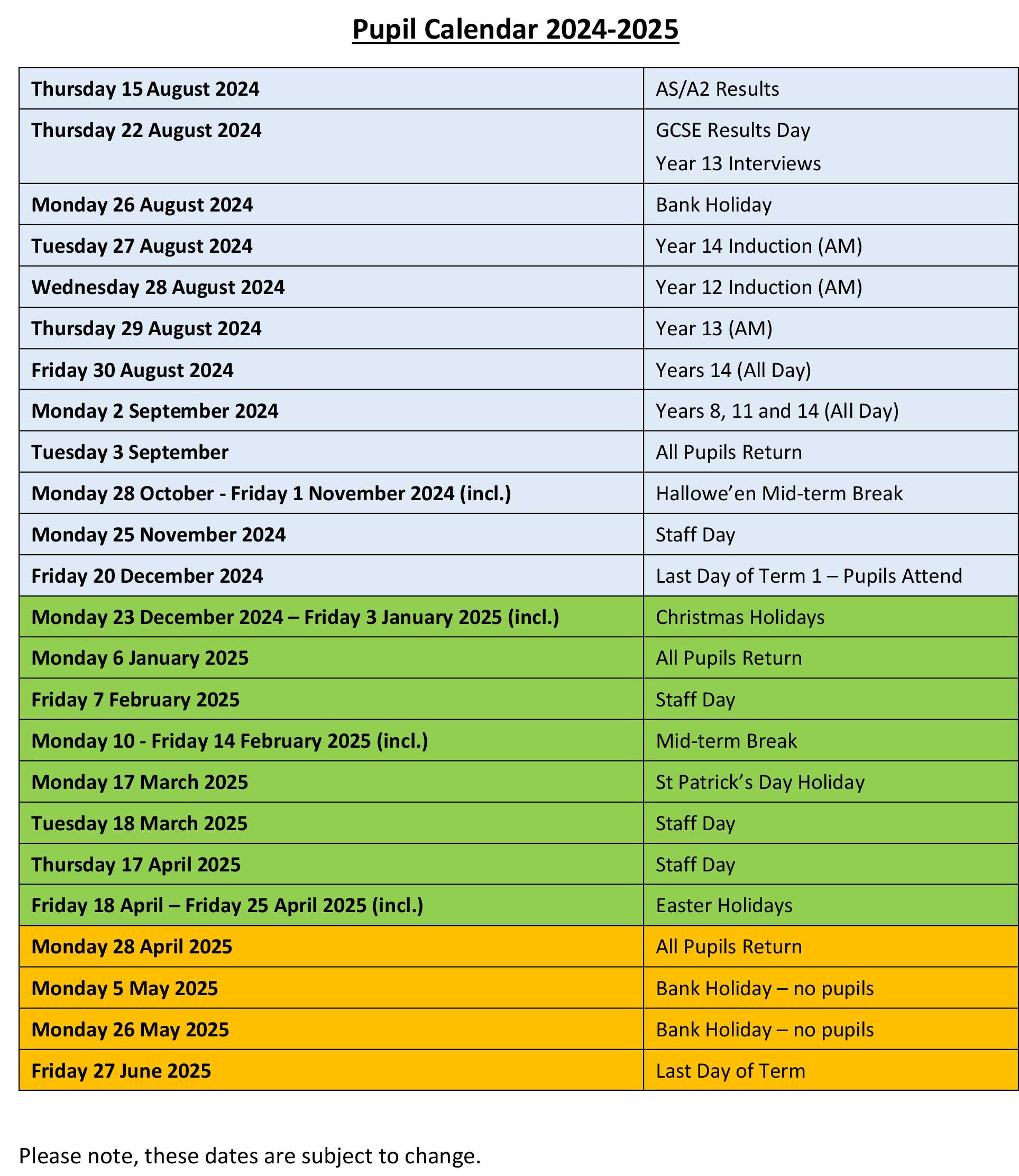 2024 2025 Pupil Calendar