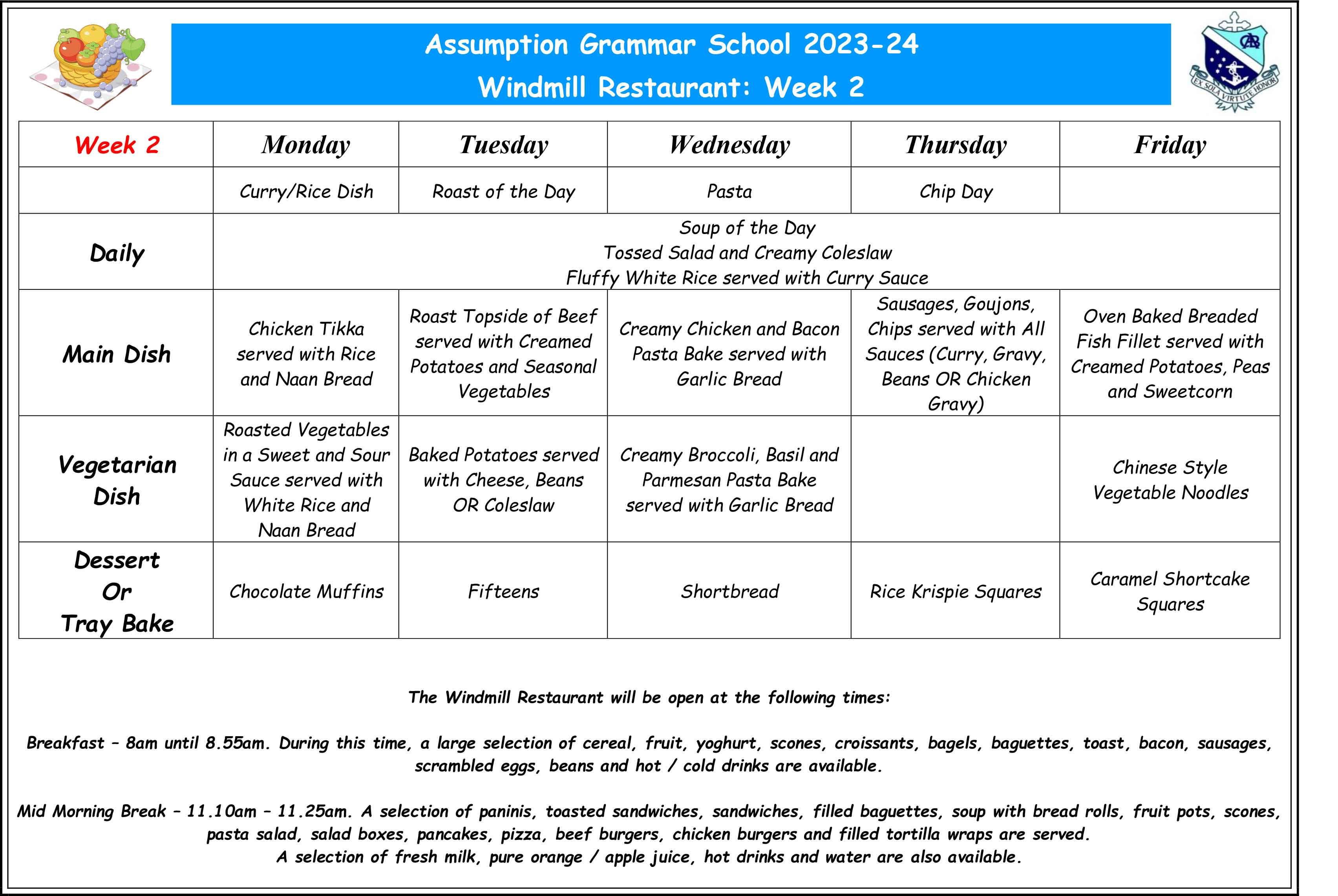 Canteen Menu September week 2 2023